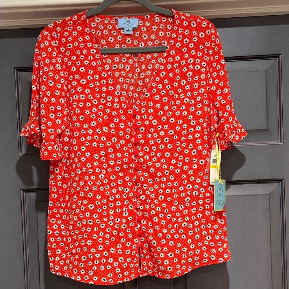 CeCe Red Floral Blouse Women’s size M NWT